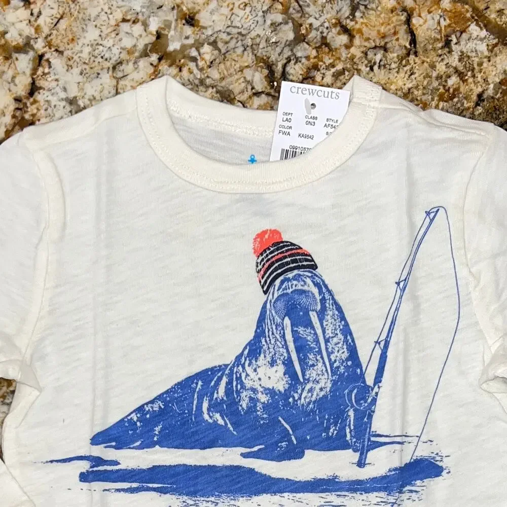 **NWT J. Crew Boys' Ivory W/Fishing Pizza Walrus Graphic Long Sleeve Tee -2